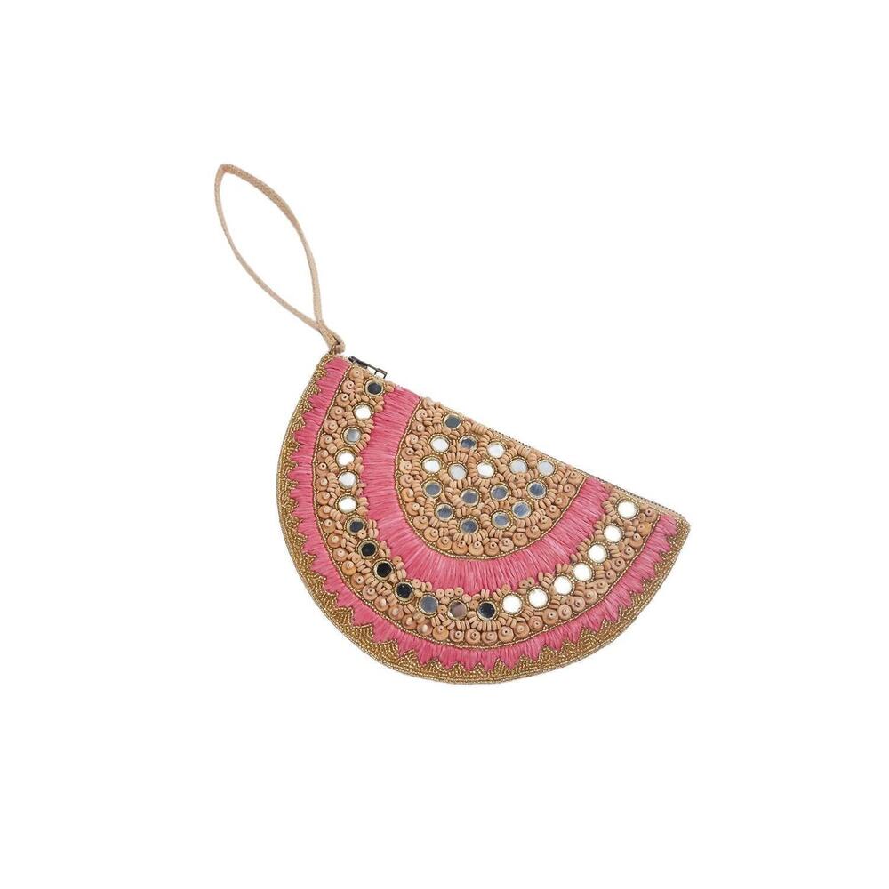 NEW ETHNIQUE sandia raffia clutch wristlet bag in gold/pink